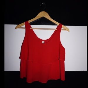 Bright Red Cropped Blouse with Large Ruffle